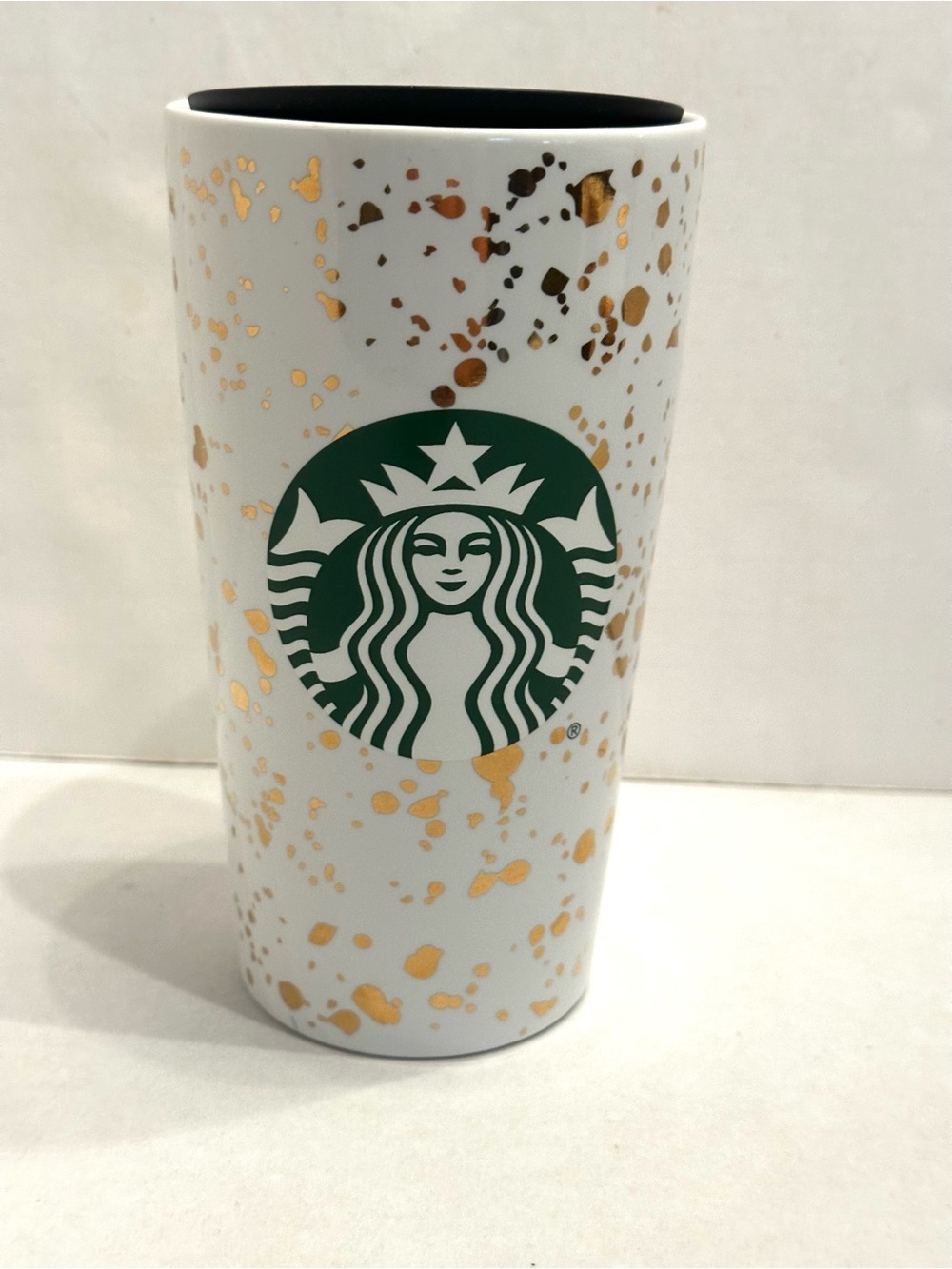 2019 Starbucks White and Green Ceramic Tumbler with Gold Splatter